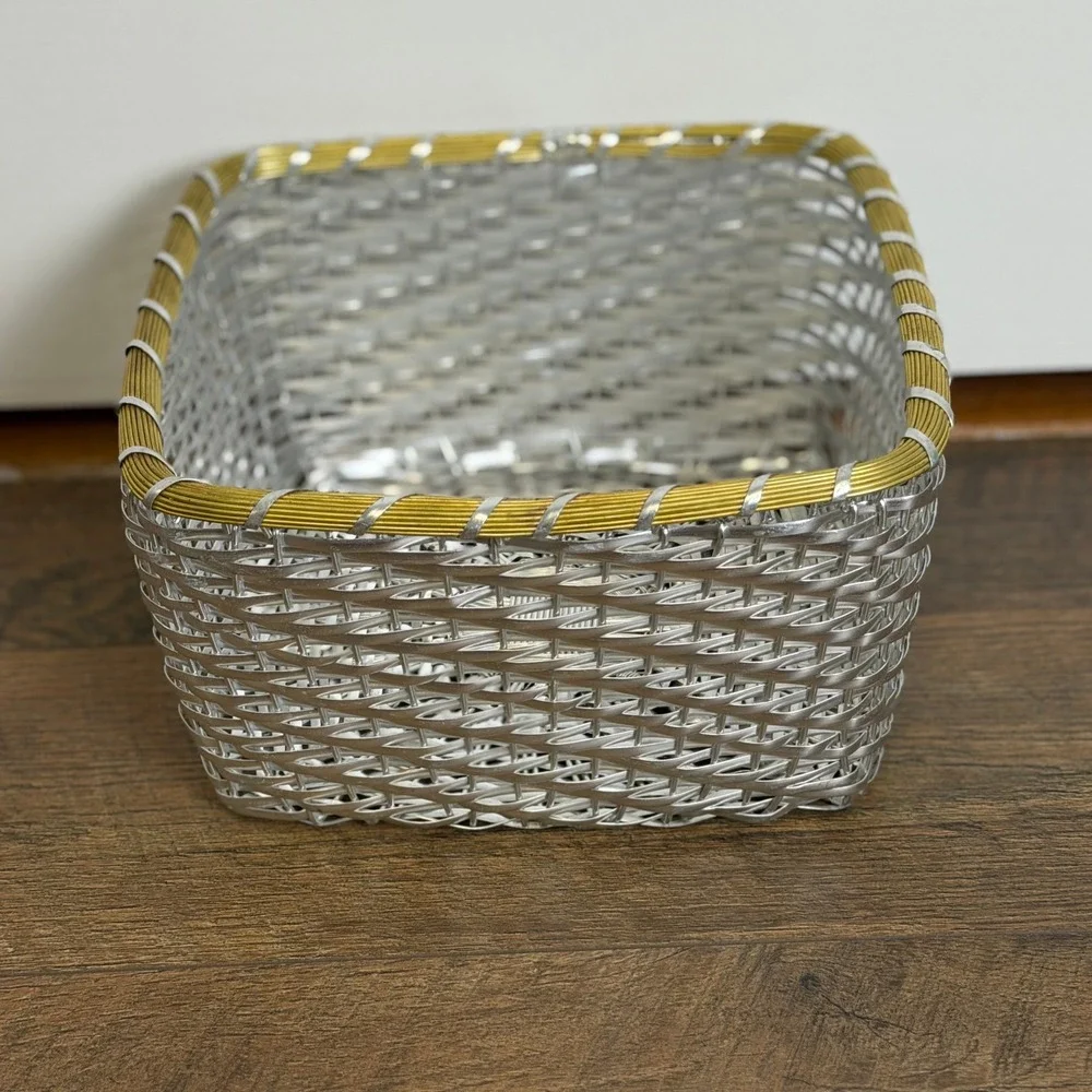 Vintage Woven Metal Wire Basket Silver Gold Trim Square Made in India 9.5 x 5 in